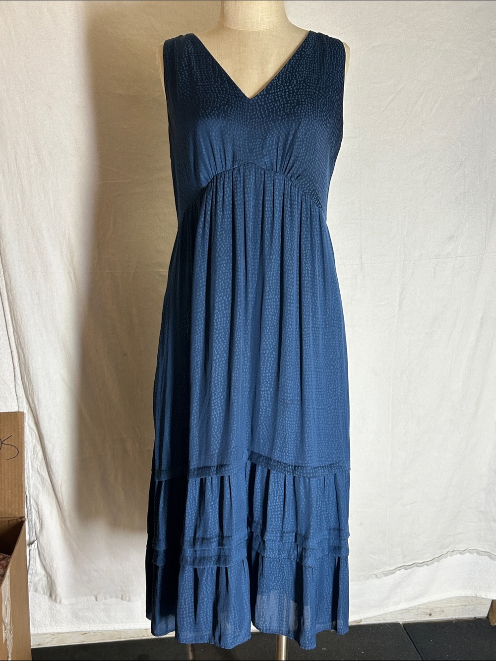 LOFT Navy Textured V-Neck Tiered Midi Dress